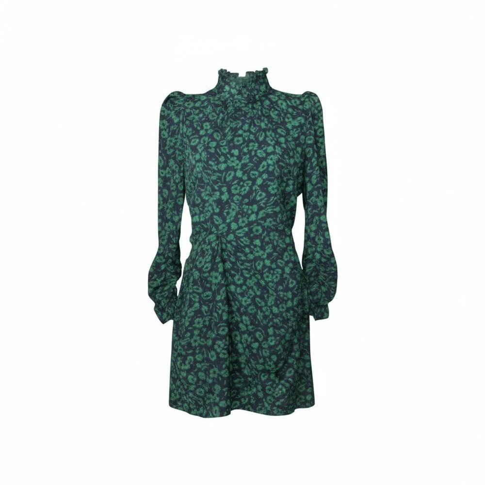 Zara Black Green Floral Mock Neck Long Sleeve Mini Dress Size M